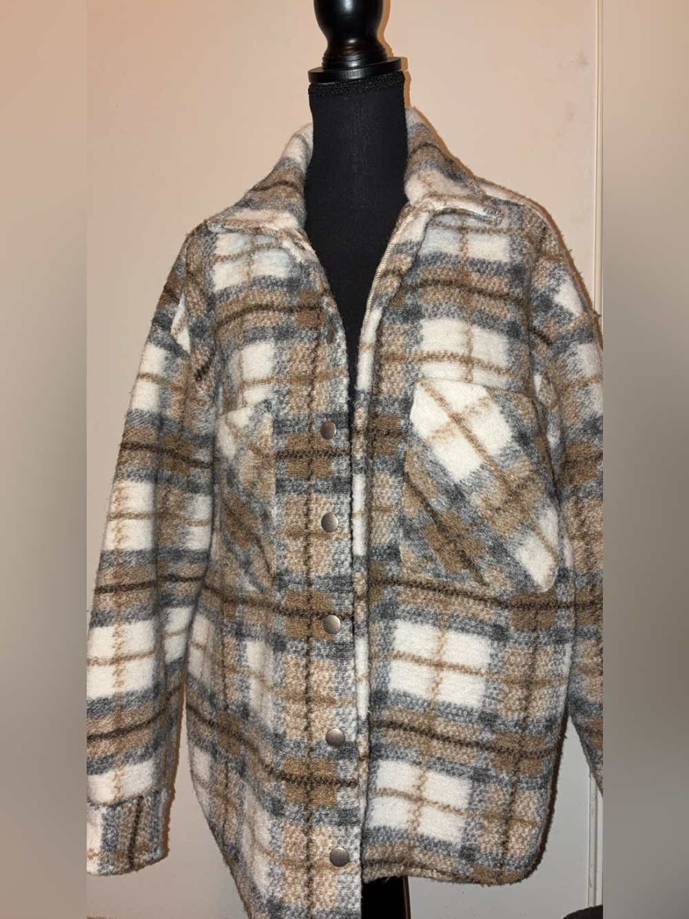 Sans Souci Plaid Teddy Jacket in Cream, Brown & Gray